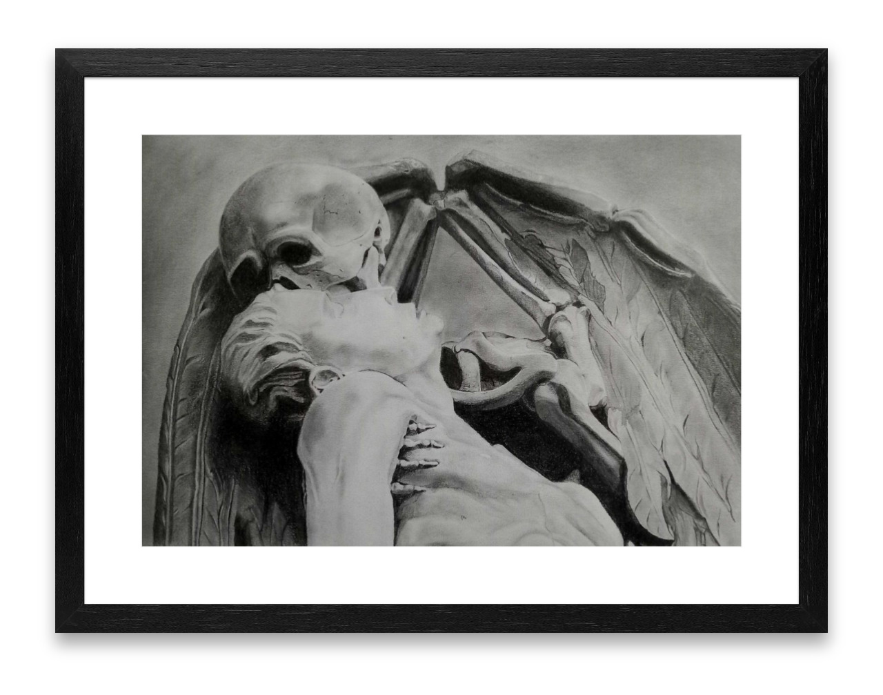 Framed drawing of the statue named El petó de la mort (The Kiss of Death)