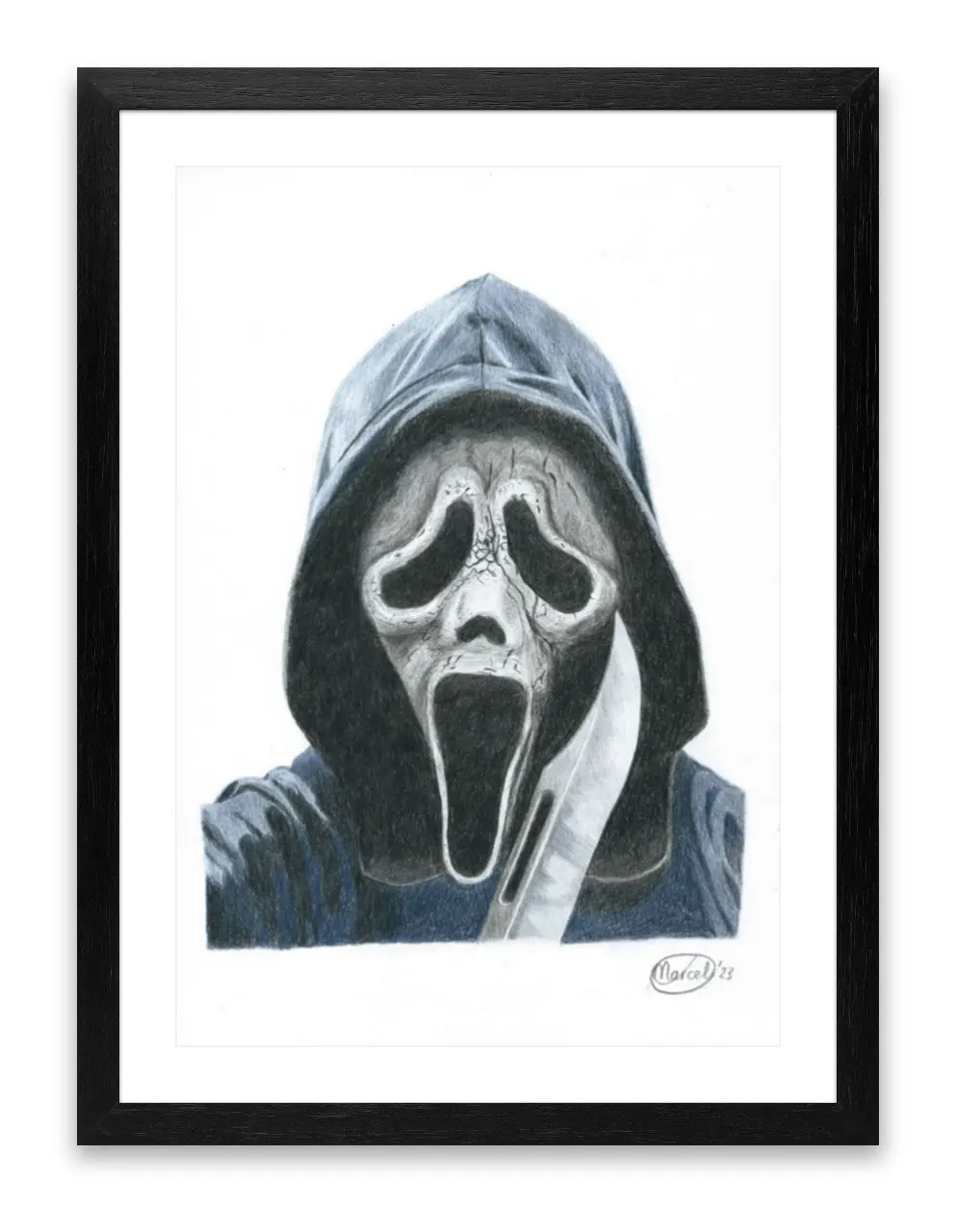 Framed portraitdrawing of Ghostface