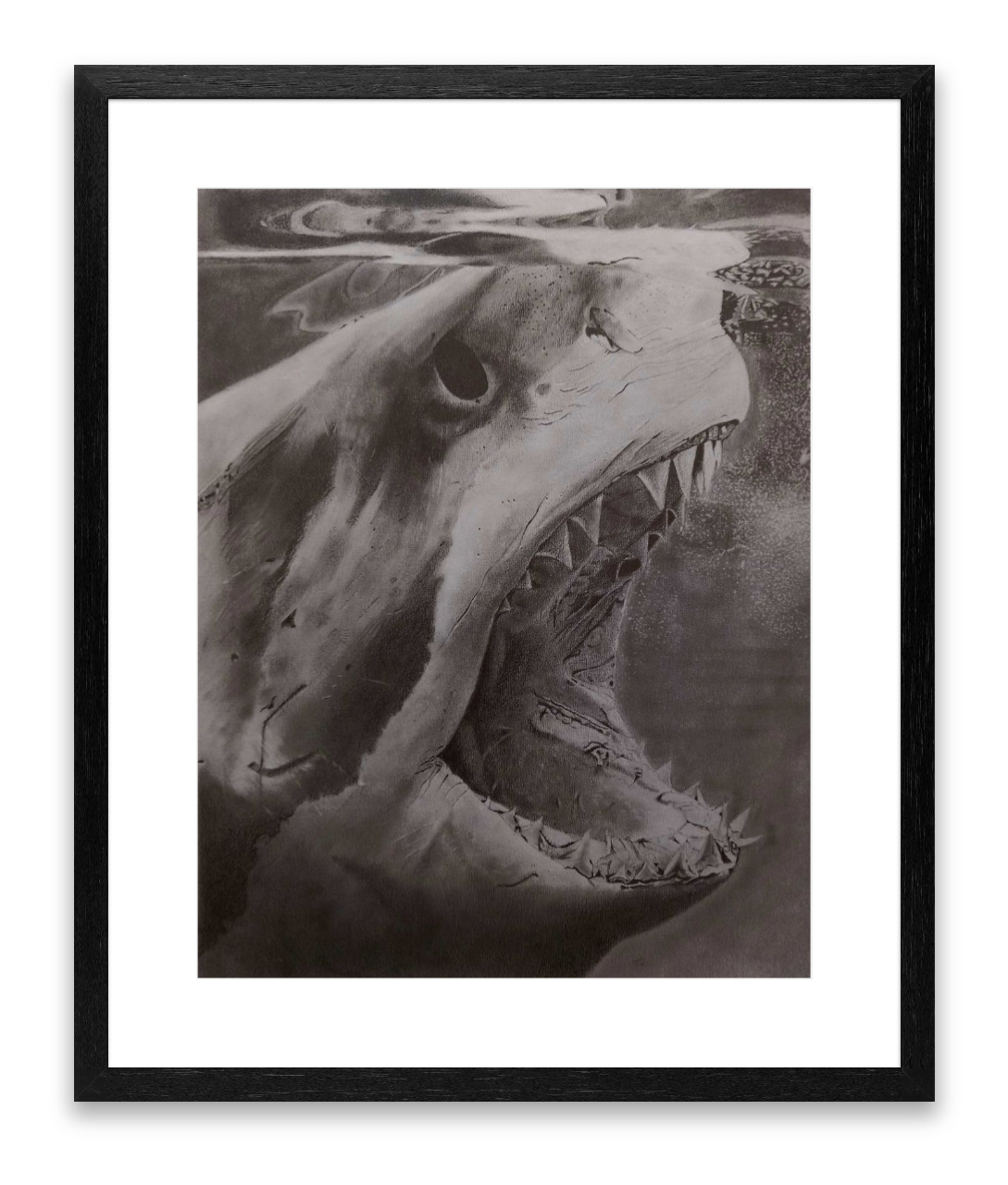 Framed drawing of a greate white shark