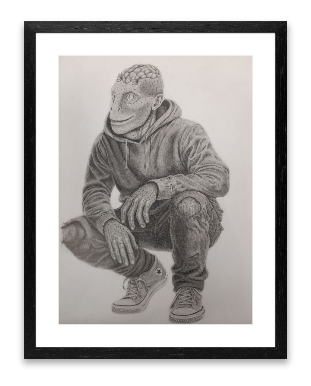 Ingelijste portrettekening van een fantasiefiguur genaamd Jubova